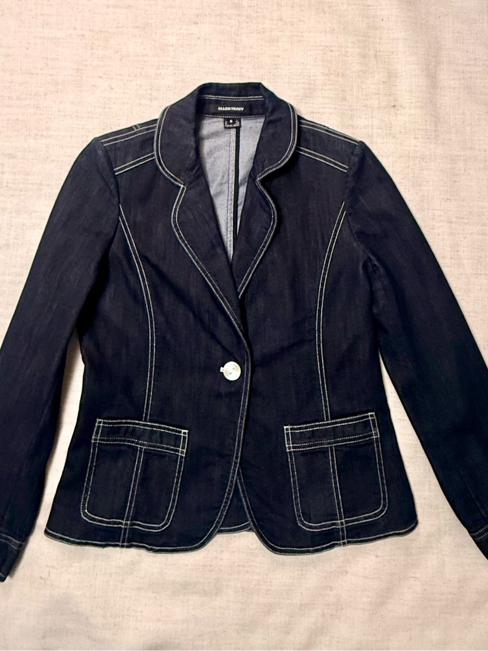 Ellen Tracy Navy Denim Blazer with Contrast Stitching